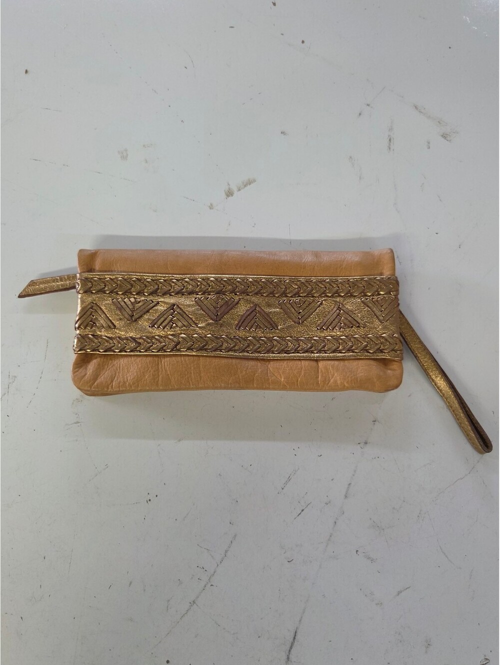 Samvara Leather Wristlet Clutch with Gold Embroidered Detail